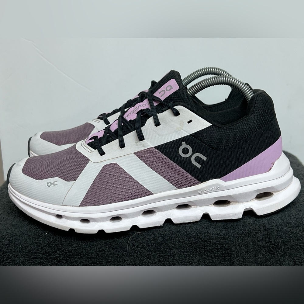 On Cloudrunner Heron Black Purple White Athletic Shoes (46.98641) Women's SZ 9.5